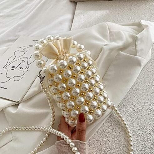 YUSHINY Beaded Handbag for Women White Pearl Decoration