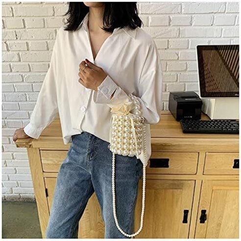 YUSHINY Beaded Handbag for Women White Pearl Decoration